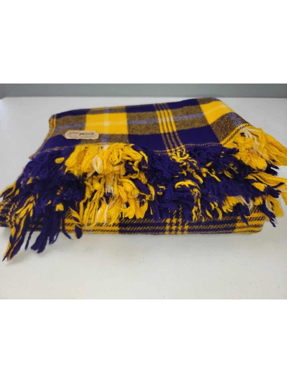 Vtg Faribo 100% Wool Throw Blanket Fringe Afghan Faribault Purple Gold 100 Yr **